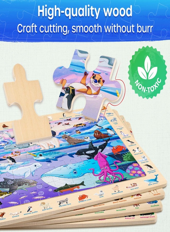 SYNARRY Wooden Puzzles for Kids Ages 4-6, 4 x 60 Piece Match & Find Puzzles for Kids Ages 3-5 Boys Girls, Educational Toys Gifts for 4-8 yo for Learning Jungle Savannah Polar Animals & City Life - Image 5